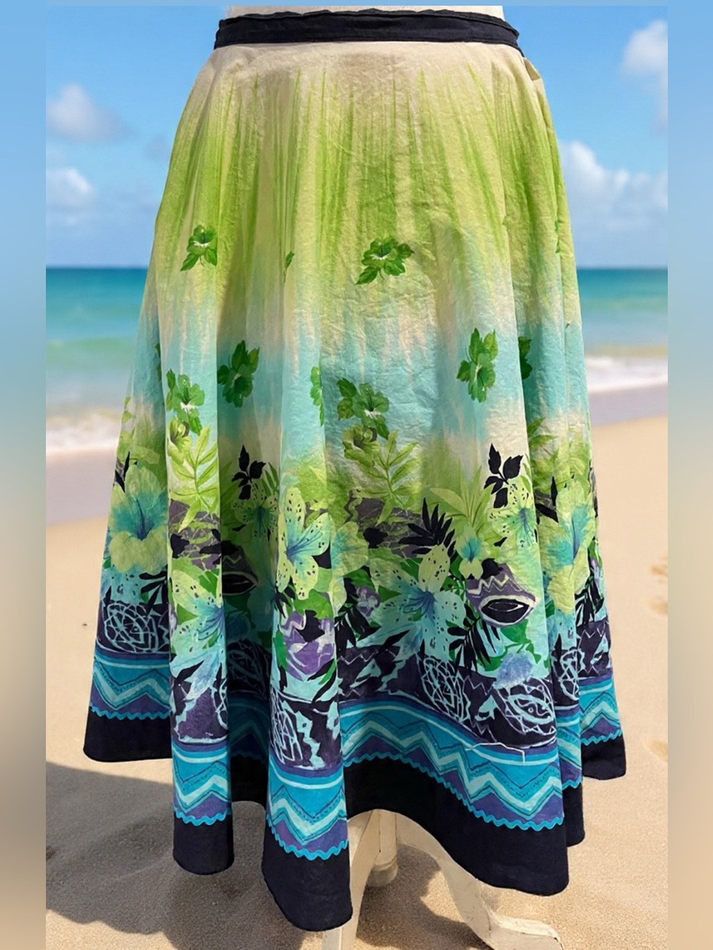 Rinascimento Navy and Green Floral Ombre Maxi Skirt